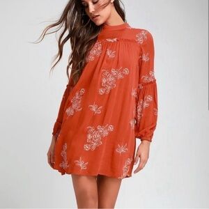 🔆 Lulu's Orange No One Quite Like You Rust Orange Embroidered Shift Dress, Small